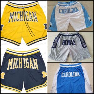 Faculdade Carolina Georgetown Hoyas Basquete Shorts Michigan Carolina Zipper Mens Curto TODOS Costurados Bolsos Calças de Verão Calças Azul