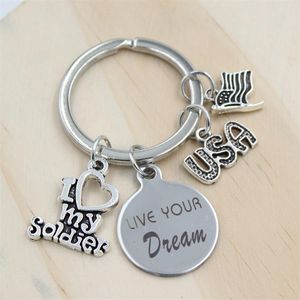 New Arrival Stainless Steel Key Chain Key Ring USA Flag I Love my Soldier Keychain Keyring Soldier Gifts for Men Women Jewelry234T
