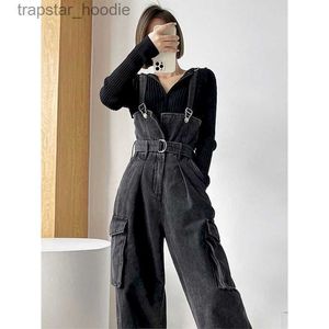 Kvinnors jumpsuits Rompers Black Denim Jumpsuits for Women Korean Style Vintage PlaySuit Wide Leg Pants Loose Trousers Overdimensionerade Overalls For Women kläder L230921