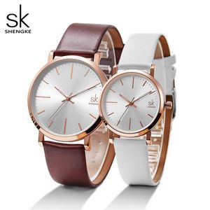 Shengke Women Dress Watches Luxury Lovers Par Watches Män Datum Vattentäta Women Leather Strap Quartz Wristwatch Montre Homme252V