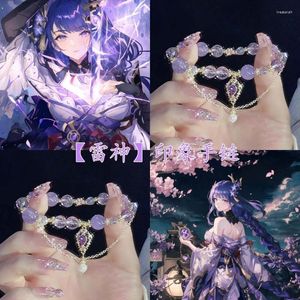 Link Bracelets Genshin Impact Cosplay Beelzebul Purple Beaded Bangles For Women Gold Color Chain Pendant Anime Trend Metal Accesorios