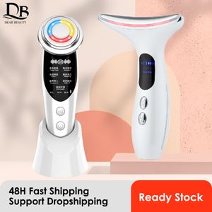 Dispositivos de cuidados faciais 7in1 RF EMS massageador facial levantamento beleza LED rosto pele 3 cores LED pescoço massageador Pon terapia aquecimento remoção de rugas 230920