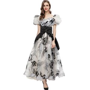 Women's Runway Dresses Sweetheart Puff Short Sleeves Printed Pelpum Fashion Designer Party Prom Gown