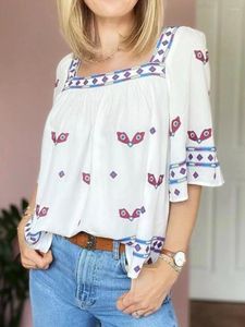 Damenblusen 2023 Sommer-Frauen-Bluse mit quadratischem Kragen, lässige halbe Hülse, Vintage-Stickerei, Viskose-Damenhemd im böhmischen Stil