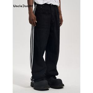 Mens Jeans Uncedonjm Sidomand för män Street Wear Wide Leg Denim Streetwear Pants Baggy Black 230921