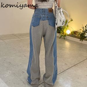 Jeans masculinos Komiyama contraste cor emendado buraco cintura alta perna larga pantalones mujer calças jeans retas outono roupas femininas 230921