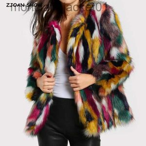 Moda de peles de pele feminina contraste com várias cores casaco de pele FAUX Long Hairy Outwear Mulheres Autumn Winter Jacket Coat Tops J230921