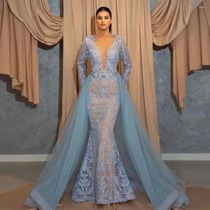 Vestidos de festa de luxo rendas apliques azul sereia noite destacável trem longo slevees mulheres celebridade noite vestido de casamento