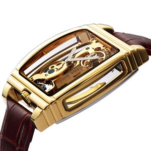 Relógio mecânico automático transparente masculino steampunk esqueleto luxo engrenagem auto enrolamento de couro relógios masculinos montre hom294n