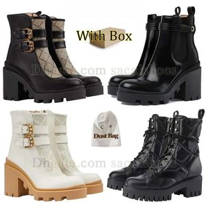 Original Leather Boot High Heel Desert Boots Martin Boots Womens Snow Boots Zipper Ankle Boots Rubber Sole Lace-Up Boot Vintage Print Jacquard Textile Boot With Box