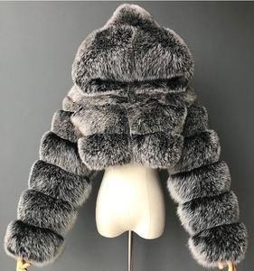 Женские меховые укороченные пальто из искусственного меха, осенние пушистые укороченные пальто из искусственного меха, женские пушистые верхние пальто с капюшоном, прямая короткая зимняя меховая куртка, модная уличная одежда 230921