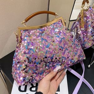 Evening Bags 2023 Fashion Women Clutch Metal Glitter Sequin Purple Gold Chain Shoulder Luxury Designer Wedding Prom Handbags 230921