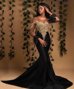 Evening Dresses Black Prom Party Gown Mermaid Formal Elastic Satin New Illusion Custom Plus Size Lace Up Zipper Long Sleeve Scoop Gold Applique