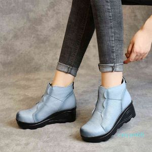 Buty klinowe obcasowe buty damskie designer niebieski oryginalna skórzana kostka dla kobiet niskie obcasy