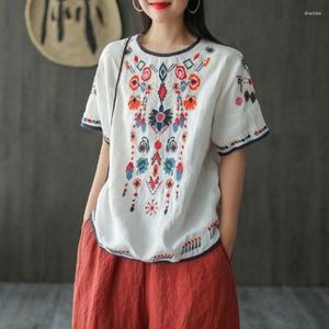 Women's T Shirts Cotton And Linen Embroidered Lady's T-Shirt Summer Retro Art Loose Versatile Round Neck High Quality Pullover Top