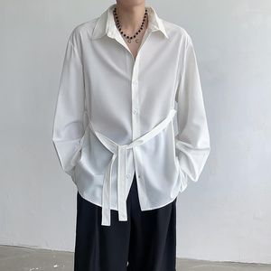 Men's Dress Shirts Belt Shirt Men Oversized Fashion Society Mens Korean Loose Black White Long Sleeve Office Formal