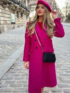 Frauen Blends Rose Red Zweireiher Lange Mäntel Revers Lange ärmeln Mode Weibliche Herbst Winter Elegante Büro Dame Kleidung 230921