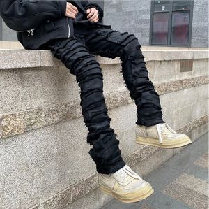 Mens Jeans Heavy Industry Hole Frayed Destruction Waxed Jeans Mens High Street Retro Straight Ripped Pencil Pants Oversize Denim Trousers 230920