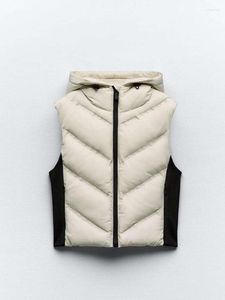 Gilet da donna Autunno Inverno Protezione dal vento Gilet imbottito Cappuccio regolabile Cappotto senza maniche Beige Nero Patchwork Gilet Jakcet