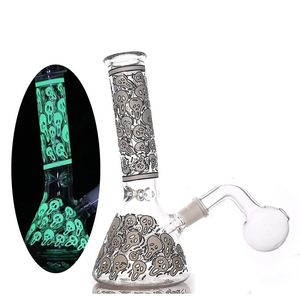 1pcs Mini Bottom Glass Beaker Bong 8 Inches Dark In The Dark Skull Smoking Water Pipes Ice Catcher Bongs 14.4 Mm Joint Dab Oil Rig with Downstem Oil Burner Pipes