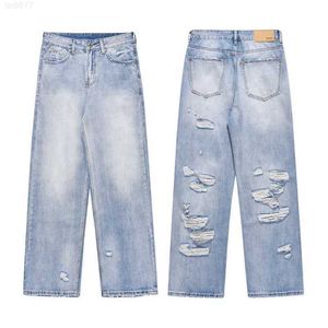 Marca de moda de rua alta lavada e desgastada com buraco traseiro tubo reto solto perna larga jeans0hq3