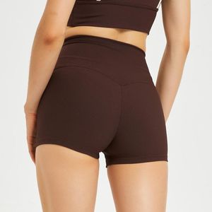 Pantaloncini da yoga da donna a vita alta da palestra attillati color pesca BuLift, pantaloncini da corsa elasticizzati a coste morbide