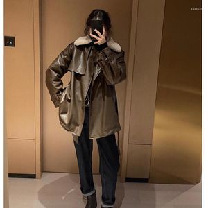 Kvinnors läder 2023 Pu Mid-Längd Jacket Kvinna Streetwear Loose Solid Moto Fashion Korean Style Casual Coats T460
