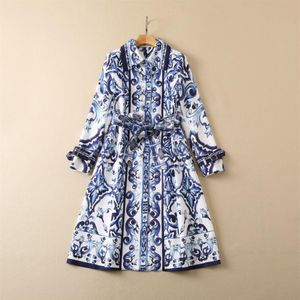 2023 Autumn Lapel Neck Paisley Print Belted Trench Coat Blue and White Porcelain Long Sleeve Buttons Single-Breasted Long Outwear 203T