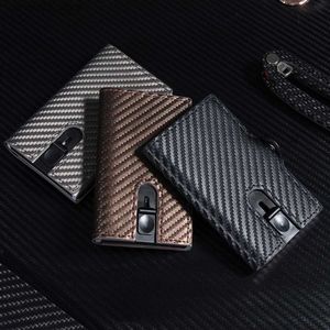 Money Clips Casekey Real Carbon Fiber Leather Wallet Slim RFID Blockering Pop Up Card Holder With Zipper Pocket Small Money Bag Man Purses Q230921