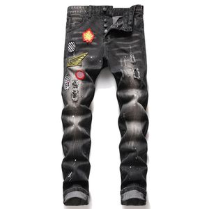 Männer Slim Fit Zerrissene Jeans Abzeichen Loch Zerstört Skinny Gerade Bein Ausgewaschene Herren Ausgefranste Motorrad Denim Hosen Hip Hop Stretch Biker 276T