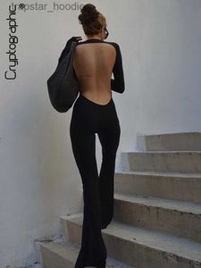 Macacões femininos macacão criptográfico preto sexy sem costas macacões para mulheres casual flare calças macacão clube festa uma peça roupas gerais l230921