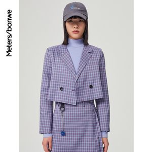 Damskie garnitury Blazers MetSbonwe Check Blazer Spring Kurple Kurtki Kurtki Plaid Płot w stylu miejskim marka purple płaszcza Tops 230920