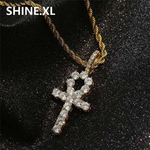 New Ankh Key Pendant Necklace Hip Hop Iced Out All Zircon Gold Color Cross Chains for Male & Women284R