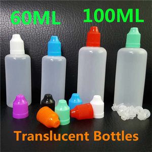 60 ml 100 ml LDPE -plastånga flaskor mjuk dropper 60 100 ml nålspetsar PE genomskinlig med färgglada barnsäkra eteriska oljor juice flytande kosmetisk förpackning DHL