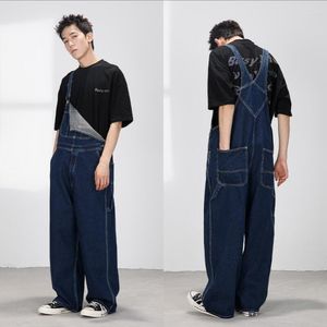 Men's Pants Streetwear Men Retro Japanese Fashion Bib Straight Denim Overalls Cargo Jeans Jumpsuit And Women Full Length Trousers W548