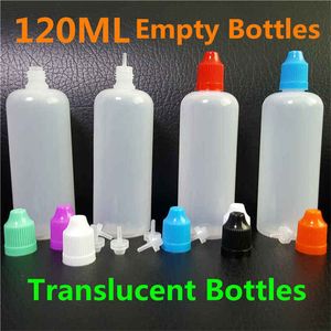 Bottiglie da 120 ml PE Contagocce vuoto LDPE morbido traslucido Bottiglie di plastica da 120 ml con punte lunghe e sottili Tappi a prova di bambino per bottiglia di imballaggio di olio liquido succhi di vapore