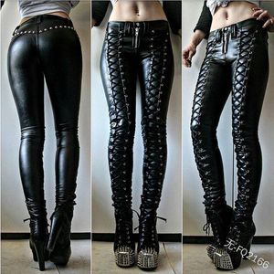 Calças femininas 5xl grande tamanho punk gótico pu couro lápis mulheres sexy skinny lace up com rebite zíper medieval retro viking longo