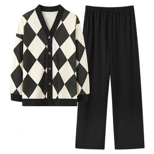 Womens Sleepwear Pajamas Set Checkerboard Cardigan Long Sleeves Pants Comfortable Relaxed Nights Sleep 230921