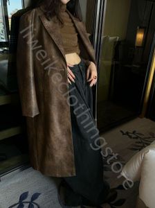 Pu Trench Coat Jacka Läder Maillard Style Lapel Leather Coat Autumn Vintage Do Old Loose