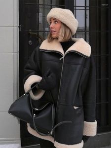 Cappotto di pelliccia da donna in pelle moda autunno donna inverno manica lunga in velluto risvolto cappotti femminili 2023 streetwear nero motore giacche da donna