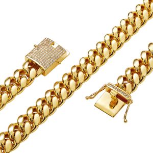 14mm Hip Hop Stainless Steel Miami Cuban Link Chain Full Zircon Clasp Simple 18K Real Gold Plated Cool Mens Jewelry