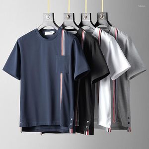 Men's T Shirts High End Pocket Red White Blue Woven Stripe Pure Cotton Short Sleeved Summer Fashion Comfortable Casual T-shirt