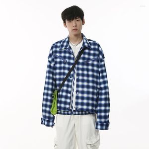 Jaquetas masculinas syuhgfa para homens clássico casual outerwear estilo coreano solto chique azul xadrez casaco curto 2023 outono streetwear