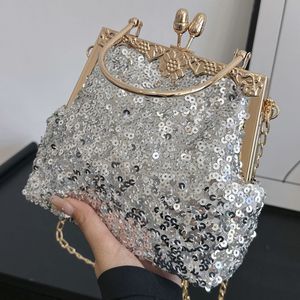 Evening Bags 2023 INS Luxury Brand Women Shiny Sequin Chain Crossbody Silver Short Handle Handbags Designer Lady Party Cluthes 230921