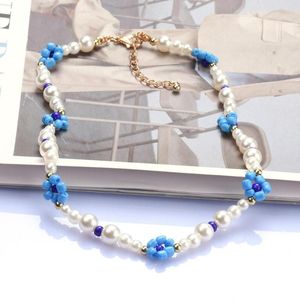 Kedjor Trendiga Böhmen Pearl Beads Choker Halsband för kvinnor Färgglada blommor Little Daisy Clavicle Chain Short Charm Handgjorda smycken