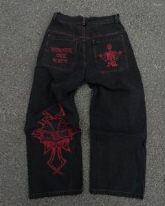 Mäns jeans y2k herrar hip hop retro skalle broderi tvättade baggy denim byxor rak casual löst bred ben byxa streetwear