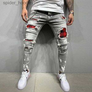 Jeans masculinos rasgados jeans homens estiramento magro cinza azul preto hip hop denim calças streetwear casual magro ajuste jeans para homens jogging jean l230921