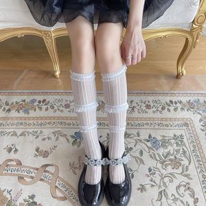 Skarpetki damskie japoński styl siatka słodka słodka lolita 3 -warstwowa koronkowe kolano wysoko przezroczysty tiul y2k vintage streetwear