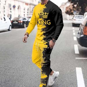 Herrespårsmode MODE MEN TRACKSUT PUT KING PRINT Lång ärm T -skjorta Trouser 2 -stycken Set Letter Men's Overdized Clothes Retro Streetwear 230920