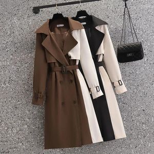 Casacos de trincheira femininos primavera outono casaco de comprimento médio outerwear blusão streetwear jaqueta à prova de vento contraste cor retalhos casaco